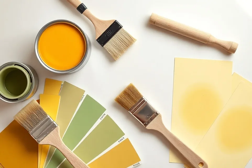 Pots de peinture, nuancier, brosses et rouleaux disposés à plat