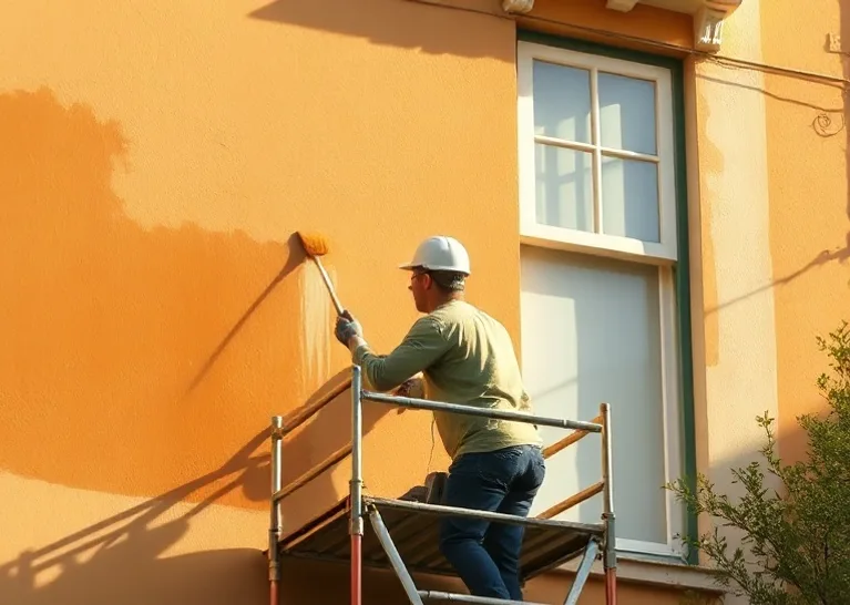 Peintre sur échafaudage traitant la façade d'une maison
