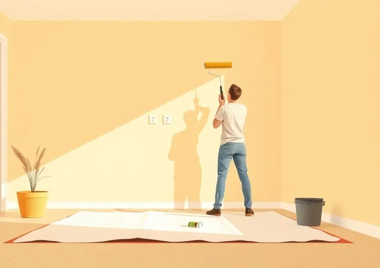 Peintre appliquant la peinture au rouleau sur un mur de salon